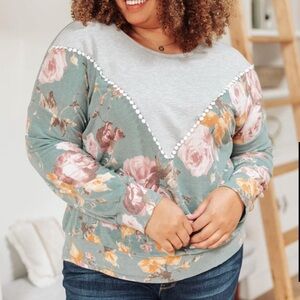 Grey Blue Floral Lace Trim Top